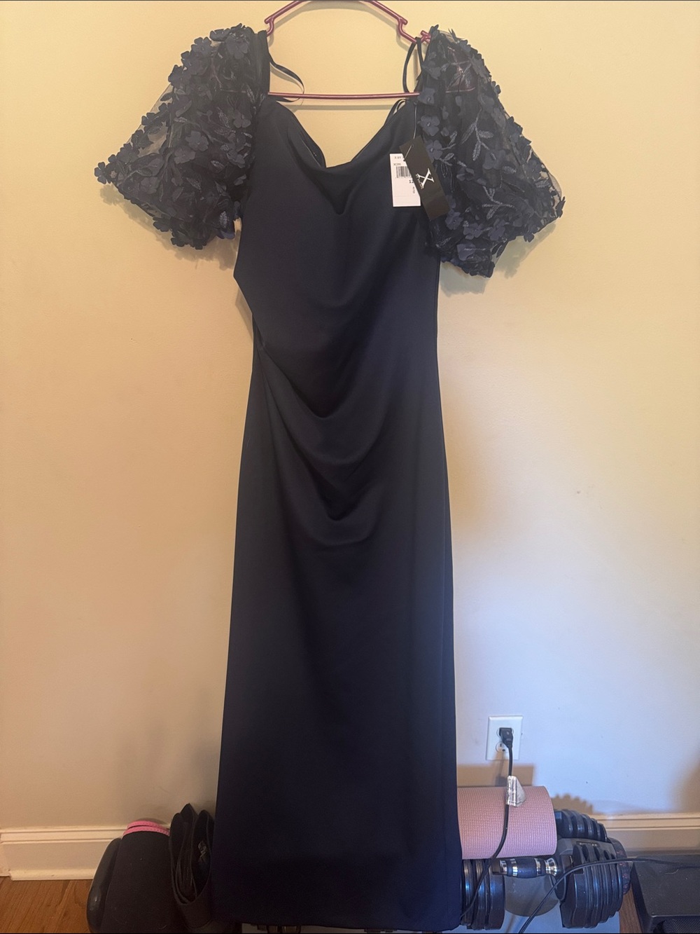 Xscape Navy Long Dress with Floral Puff Sleeves